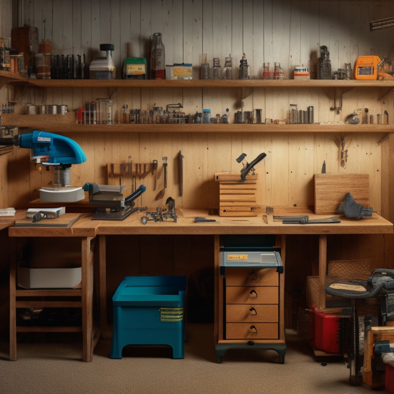 A clutter-free workshop with a pegboard holding organized tools, a table saw with safety guard, a drill press with protective shield, and a first-aid kit on a nearby shelf.