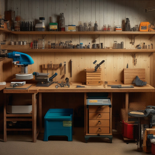 A clutter-free workshop with a pegboard holding organized tools, a table saw with safety guard, a drill press with protective shield, and a first-aid kit on a nearby shelf.