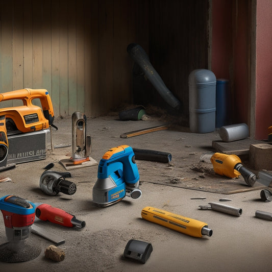 A cluttered renovation site with various power tools scattered around, including a circular saw, impact driver, and grinder, surrounded by block stucco debris and partially renovated walls.