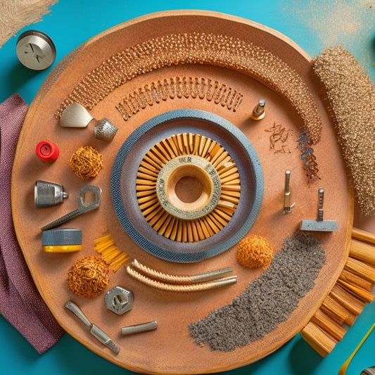 An organized workshop background with a variety of drill bits arranged in a circular pattern, including twist bits, spade bits, hole saws, masonry bits, and countersink bits, with a few scattered wood shavings and a drill in the center.