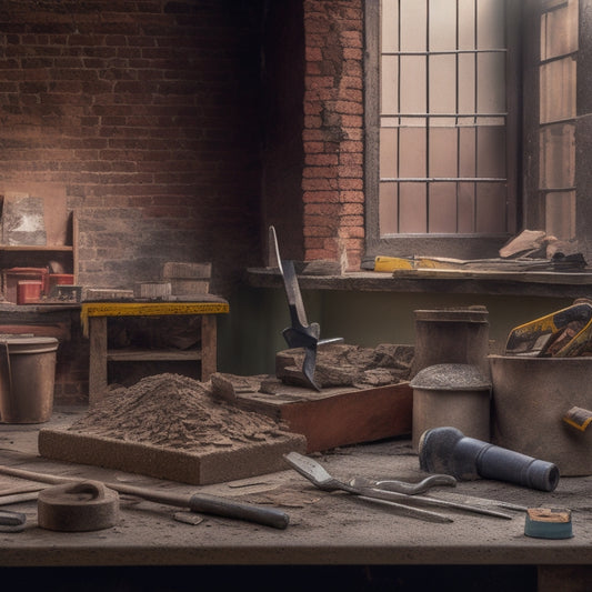 A cluttered workbench with a mallet, tape measure, level, pliers, and wrenches scattered across it, surrounded by brick fragments, mortar-stained trowels, and a partially demolished brick wall in the background.