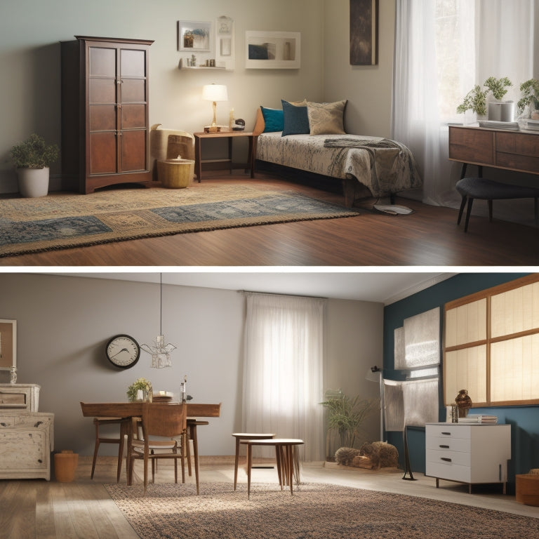 A split-screen image: a cluttered, outdated room with worn-out flooring on the left, and a renovated room with sleek, modern flooring and minimal furniture on the right, with a subtle calendar or clock in the background.