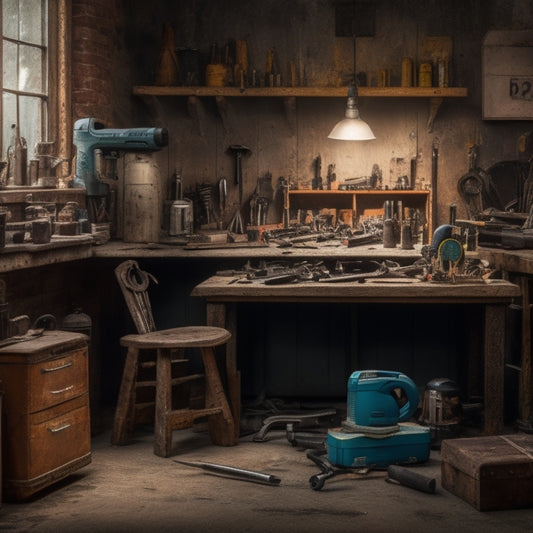 A cluttered workbench with a mix of old and new tools, with a few rusty wrenches and screwdrivers in the background, and a refurbished cordless drill taking center stage, surrounded by scattered renovation plans.