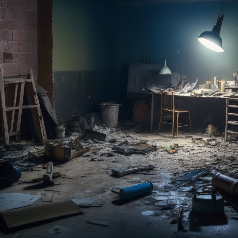 A cluttered, dimly lit room with torn wallpaper, exposed wiring, and a broken tile floor, surrounded by scattered DIY renovation tools and materials, with a faint blueprint in the background.