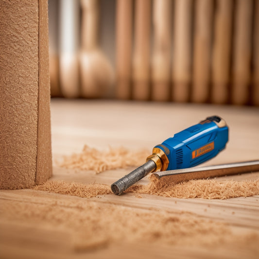 A close-up of a drill bit piercing through a wooden plank, surrounded by shavings and sawdust, with a subtle background of a renovated room with freshly painted walls and new flooring.