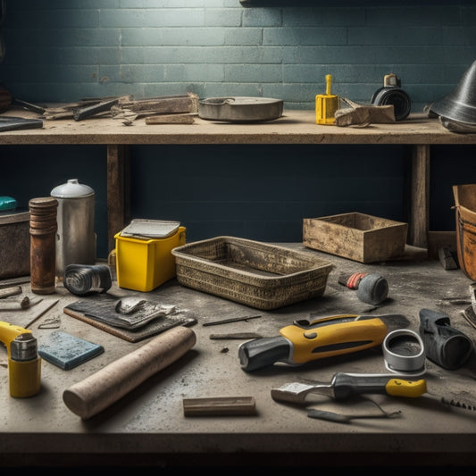 A cluttered workspace with scattered hammers, screwdrivers, and broken tiles, contrasted with a tidy, organized area featuring a toolbox, a spirit level, and a perfectly tiled wall in the background.