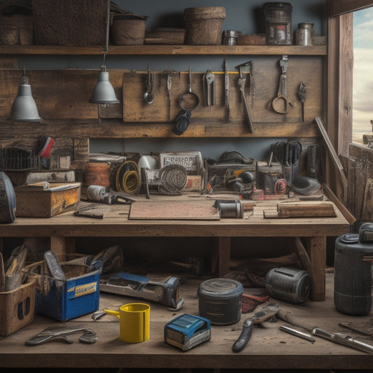 A cluttered but organized workspace with a variety of tools scattered around, including a cordless drill, level, tape measure, and wrench, surrounded by renovation materials like lumber and drywall.