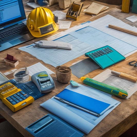 A cluttered construction site with scattered blueprints, tools, and building materials, contrasted with a tidy desk in the background featuring a laptop, calculator, and a neatly organized renovation budget worksheet.