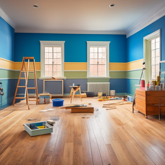 An empty, renovated room with a flawless, polished wooden floor, surrounded by various masking tools and materials, including painter's tape, drop cloths, and sanding blocks, in a neatly organized arrangement.