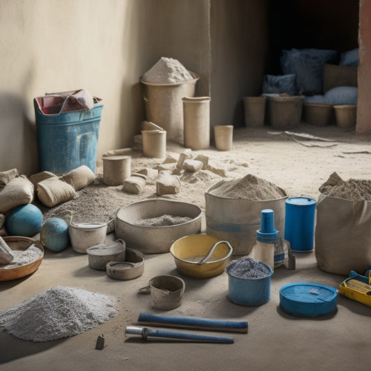 A messy construction site with a half-plastered wall, scattered buckets of plaster mix, trowels, and a measuring tape, surrounded by bags of cement and sand, with a calculator and blueprint in the foreground.