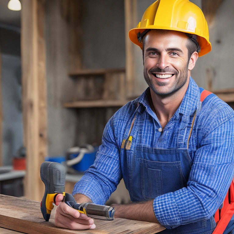 A person in a hard hat and tool belt holding a tablet, with a drill and renovation tools in the background, and a satisfied expression on their face, with a subtle hint of a home renovation project in progress.