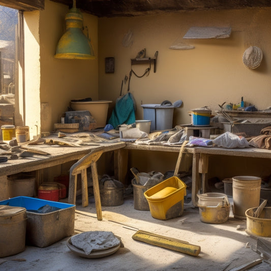A cluttered, sun-drenched workbench with a variety of exterior plastering tools, including trowels, hawks, floats, and mixing buckets, surrounded by scattered bags of plaster and a half-finished renovation project in the background.