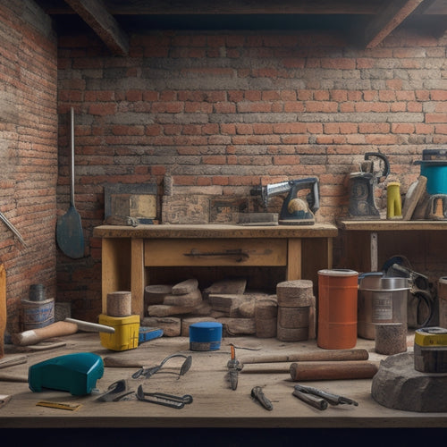 A cluttered workshop background with a half-built wall featuring various tools and materials, including a trowel, level, brick hammer, spirit level, and bricks, with a measuring tape and safety goggles nearby.