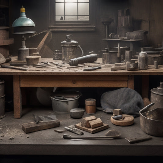 A cluttered workbench with various tamping tools scattered around, including a steel tamper, a rubber mallet, a hand tamper, and a bull float, surrounded by renovation materials like concrete, bricks, and wooden planks.