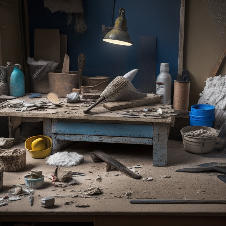 A cluttered workshop table with various DIY plastering tools, including a hawk, trowel, joint knife, putty knife, and bucket, surrounded by scattered plaster dust and scraps of drywall.