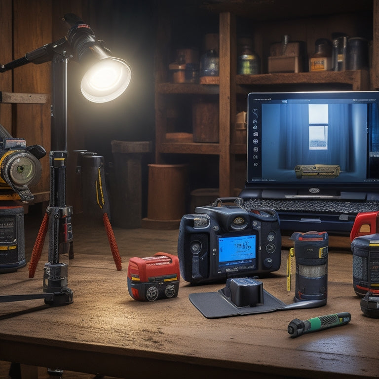 A cluttered workshop background with three prominent, well-lit leveling tools: a digital laser level on a tripod, a spirit level on a wooden shelf, and a leveling app on a tablet screen.