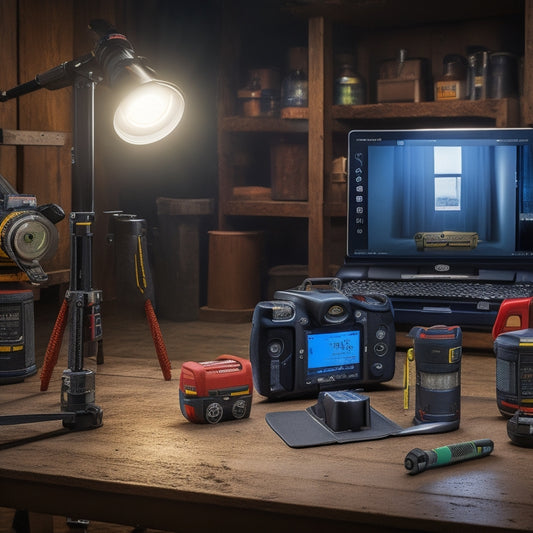 A cluttered workshop background with three prominent, well-lit leveling tools: a digital laser level on a tripod, a spirit level on a wooden shelf, and a leveling app on a tablet screen.
