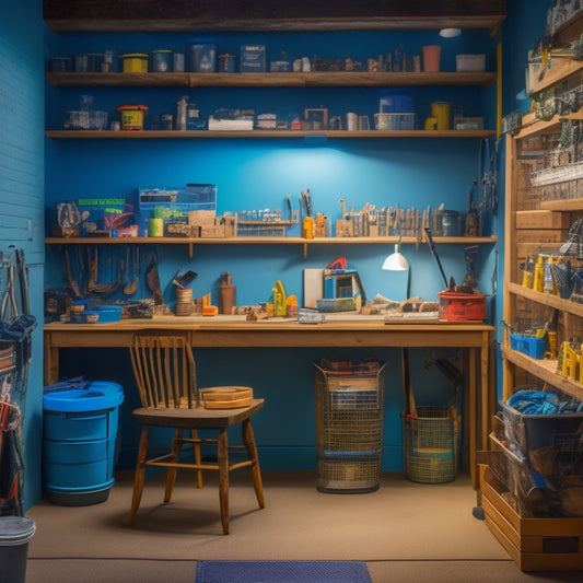 A cluttered but organized basement renovation workspace with a pegboard holding various tools, a workbench in the center, and a bucket of paint in the corner, surrounded by renovation materials.