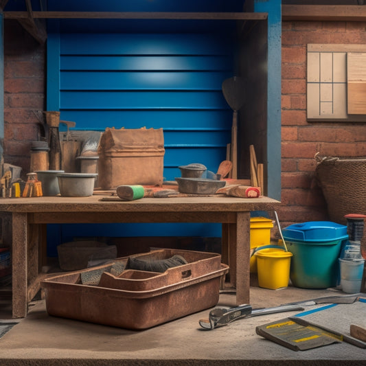 An image depicting a cluttered workbench with a variety of tools, including a mixing bucket, trowel, level, and safety goggles, surrounded by concrete mix bags, brick patterns, and a faint outline of a renovation site in the background.