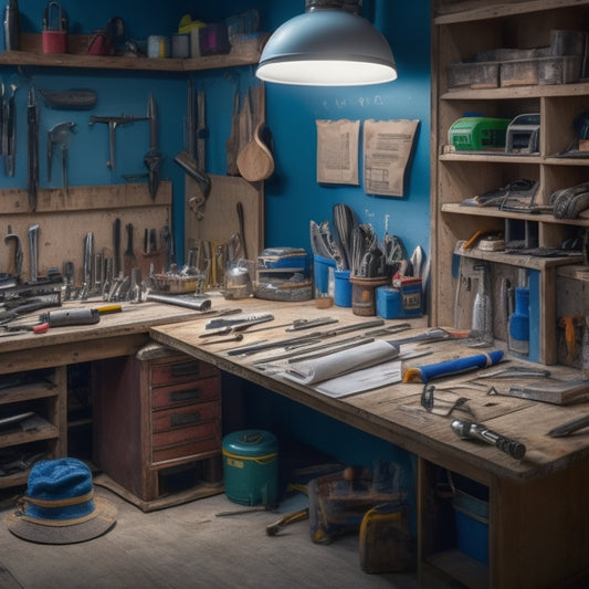 A cluttered but organized workbench with various tool kits and renovation essentials, including a hammer, level, tape measure, pliers, and power drill, surrounded by scattered blueprints and renovation plans.