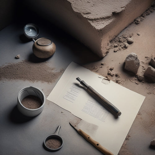 A cracked wall with a magnifying glass hovering over it, revealing tiny fissures and crumbling plaster, surrounded by scattered tools and a clipboard with a checklist clip.