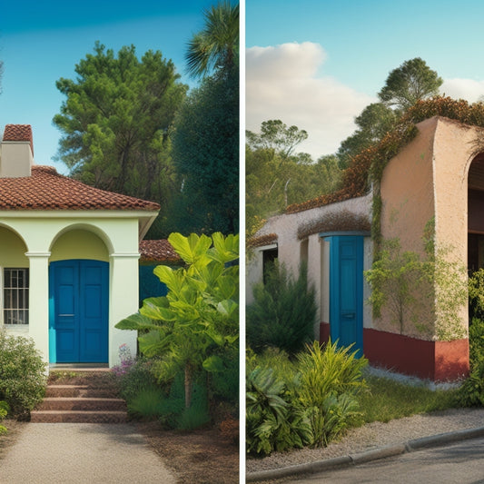 A split-screen image featuring a dilapidated exterior with cracked walls, broken windows, and overgrown vegetation, alongside a sleek, renovated facade with smooth stucco, new roof tiles, and vibrant landscaping.