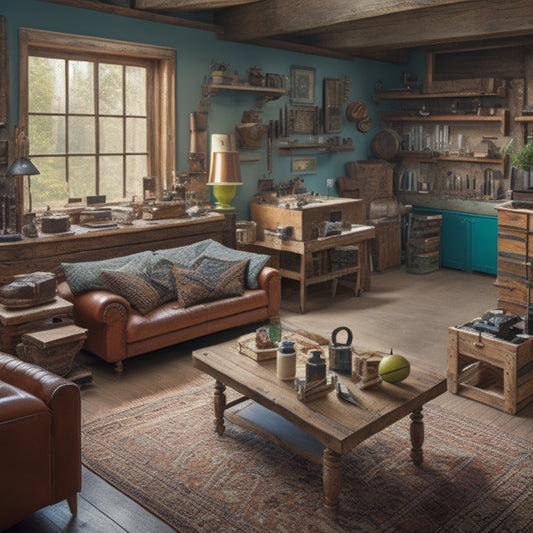 A split-level living room with a mix of old and new furniture, surrounded by renovation tools and materials, with a prominent display of various leveling kits and spirit levels on a workbench.