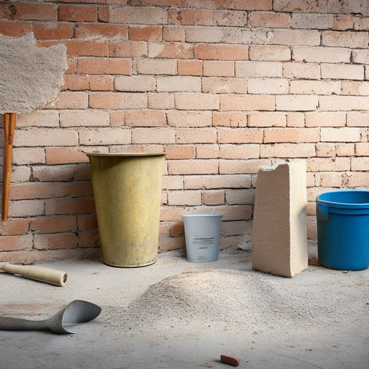 A messy, partially demolished concrete wall with a few broken bricks and scattered debris, with a bucket of concrete bonding adhesive and a trowel lying nearby, surrounded by renovation tools.