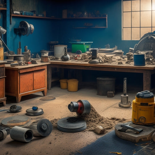 A cluttered workshop background with a variety of concrete grinding tools scattered on a workbench, including angle grinders, disc grinders, and floor grinders, surrounded by concrete dust and debris.