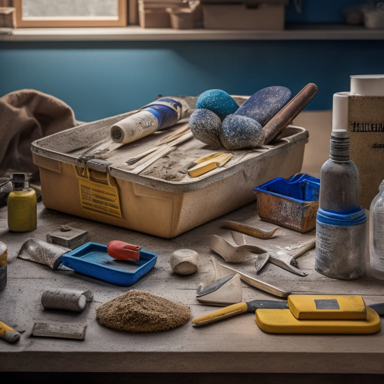 A well-organized toolbox with a variety of plastering tools, including trowels, hawks, floats, and sanding blocks, surrounded by bags of plaster, joint compound, and sand, on a workbench or floor.