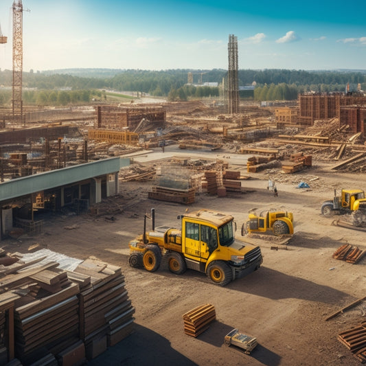 A cluttered construction site with scattered blueprints, calculators, and laptops, surrounded by stacked lumber, bricks, and pipes, with a cityscape or suburban neighborhood in the background.