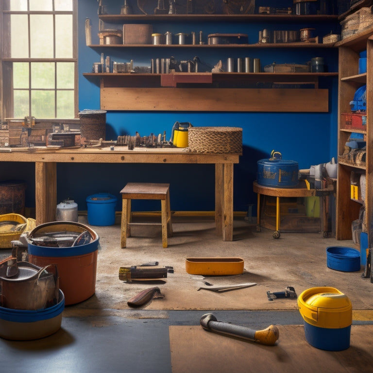 A tidy workshop with various flooring materials and tools organized on shelves and tables, including hardwood planks, tile samples, a spirit level, a tape measure, and a bucket of adhesive.