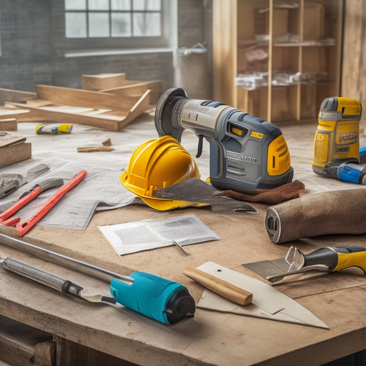 An organized workbench with a tape measure, level, hammer, and cordless drill, surrounded by scattered blueprints, a hard hat, and a few scattered tools, against a blurred background of a renovation site.