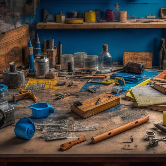 A cluttered workbench with a mix of new and worn measuring tools, including a tape measure, level, carpenter's square, stud finder, and laser level, surrounded by scattered blueprints and renovation materials.