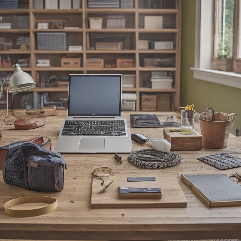 A clutter-free workspace with a wooden table, surrounded by organized toolboxes, a level, a tape measure, and a laptop with a renovation plan on the screen, amidst a subtle background of a renovated room.