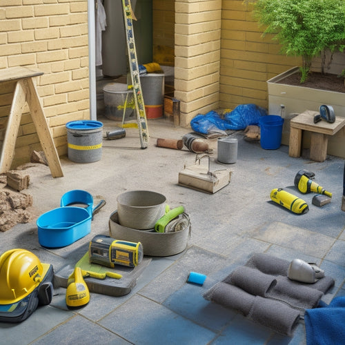 A cluttered patio with scattered power tools, loose tiles, and open bags of mortar, surrounded by caution tape, hard hats, and a ladder, with a faint outline of a safe and organized patio in the background.