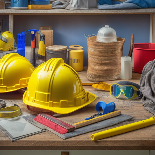 A cluttered renovation workspace with a yellow hard hat, safety goggles, earplugs, respirator mask, steel-toed boots, and a toolbox with a tape measure, level, and hammer scattered around.