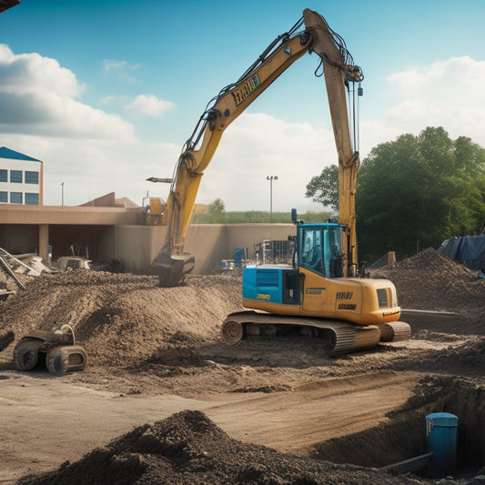 A cluttered construction site with a partially demolished house in the background, surrounded by various foundation work equipment such as excavators, trenching machines, and concrete mixers.