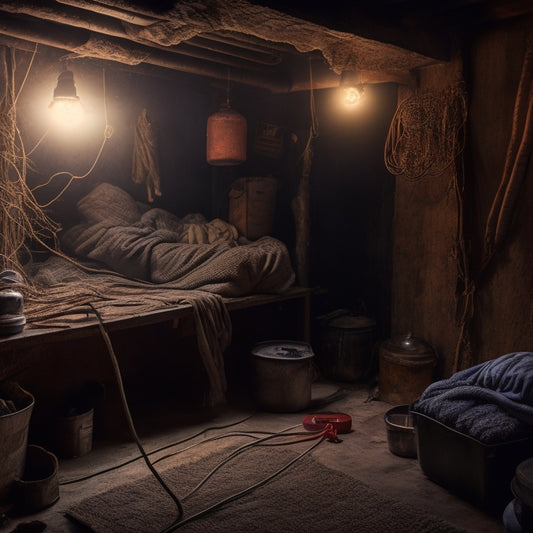 A dimly lit, cramped attic space with old insulation, tangled wires, and rusty pipes, surrounded by cobwebs, with a flashlight beam highlighting a hidden asbestos-covered duct.