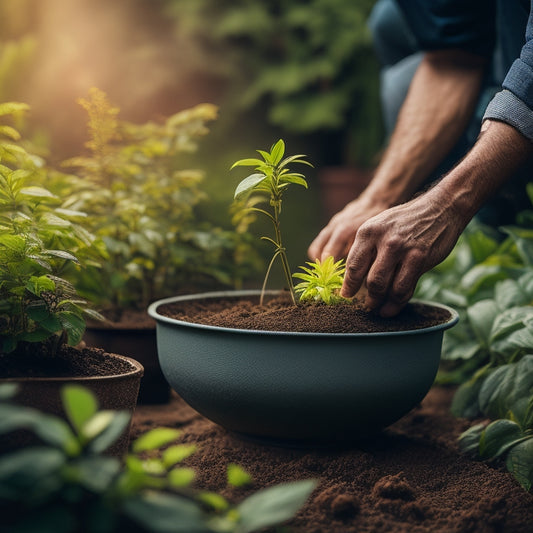 An image of a person holding a planter with overflowing water, surrounded by scattered potting soil and wilted plants, contrasted with a neat, well-draining planter in the background with thriving greenery.