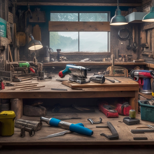 A cluttered workspace with a variety of tools and equipment scattered around, including a circular saw, drill press, impact driver, wrenches, pliers, and a level, surrounded by renovation materials like pipes, lumber, and drywall.
