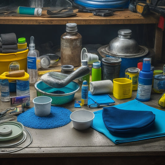 A cluttered workshop table with various waterproofing materials, including a roll of rubberized membrane, a tub of sealant, a waterproofing spray can, and a bucket of liquid-applied membrane, surrounded by scattered tools.