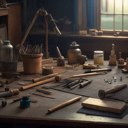 A cluttered workshop table with various awls and hand tools scattered around a half-finished wooden DIY project, with a faint blueprints background and a subtle hint of natural light.