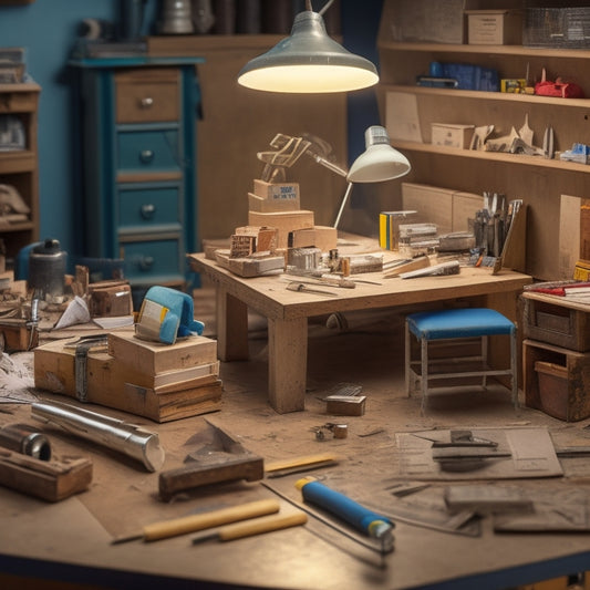 A cluttered workbench with a tape measure, level, stud finder, pliers, hammer, and wrench scattered across it, surrounded by scattered blueprints and a miniature model of a house.