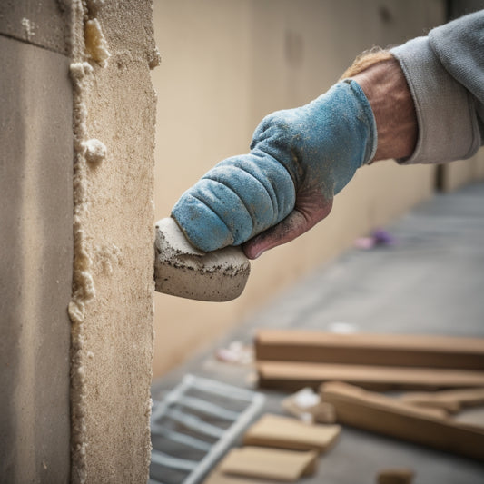 A close-up of a person's hand holding a stucco scraper, with stucco debris scattered around, set against a blurred background of an exterior wall under renovation, with scaffolding and ladders visible.