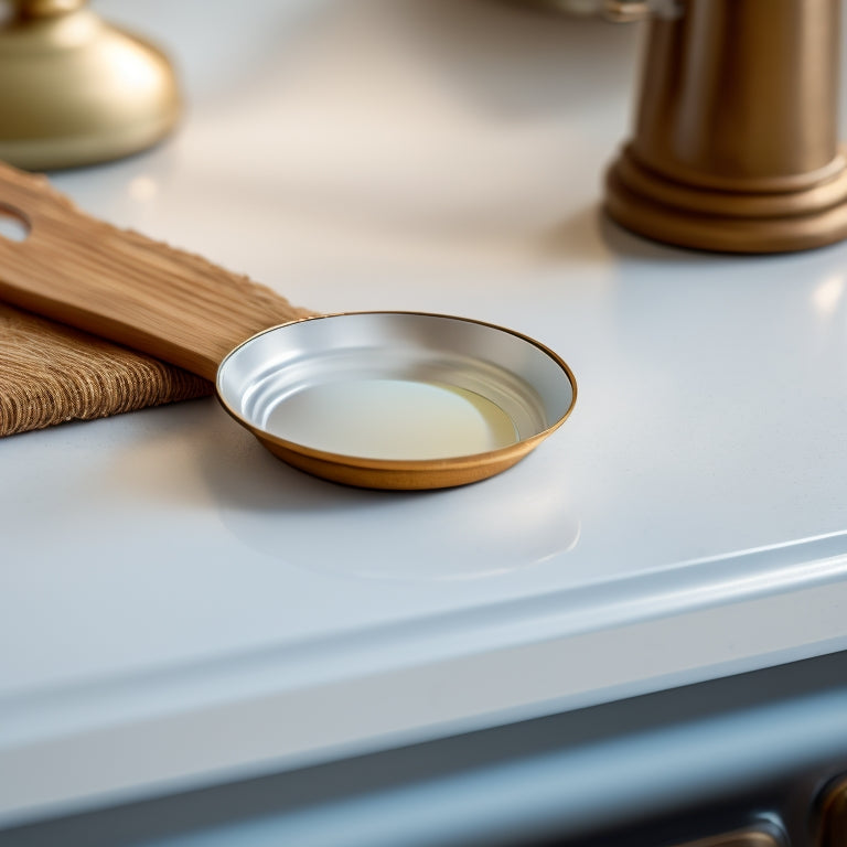 A close-up of a magnifying glass hovering above a seam of freshly applied sealant on a newly renovated kitchen countertop, with subtle imperfections and bubbles visible on the surface.