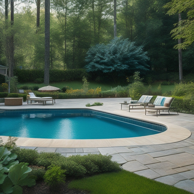 A serene backyard scene featuring a renovated pool deck with a smooth, crack-free surface, surrounded by lush greenery, outdoor furniture, and a sparkling pool with gentle water ripples.