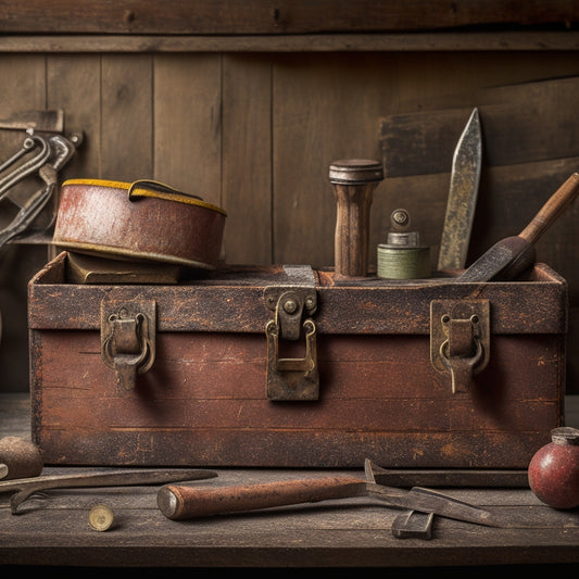An old, worn wooden toolbox with rusty hinges, surrounded by scattered vintage tools, such as a hammer, level, and pliers, set against a distressed, peeling wallpaper background.