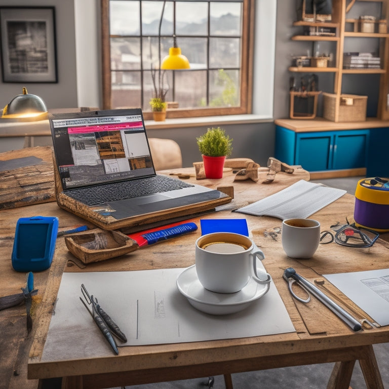 A clutter-free, well-organized renovation site with a large, unfolded blueprint on an easel, surrounded by colorful construction tools, a laptop, and a cup of coffee on a portable workstation.