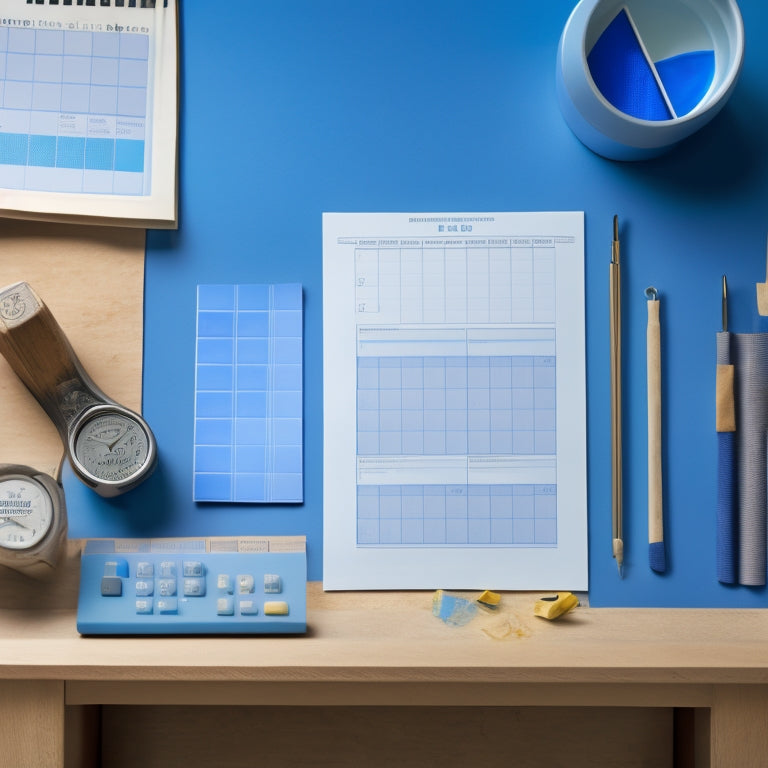 A minimalist desk with a blueprints-rolled calendar, a calculator, and a wooden ruler, surrounded by scattered renovation materials like paint swatches, fabric samples, and a miniature hammer.